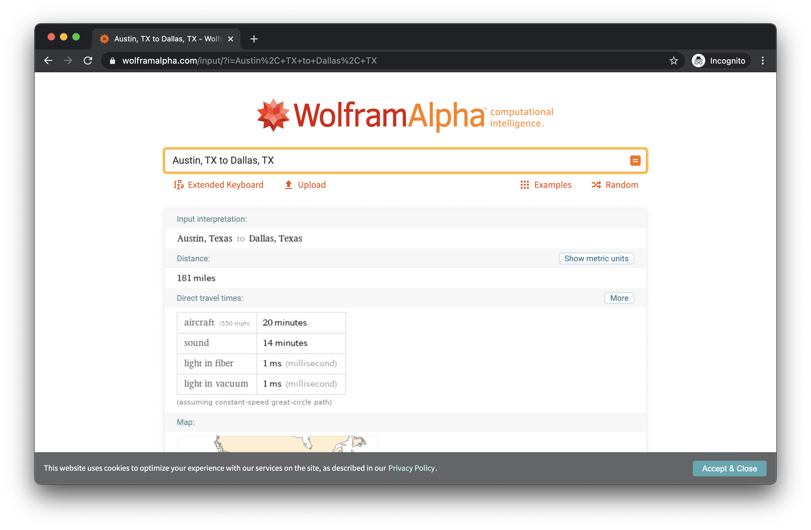 Wolfram Alpha showing a 1ms &ldquo;light in fiber&rdquo; travel time between Austin and Dallas